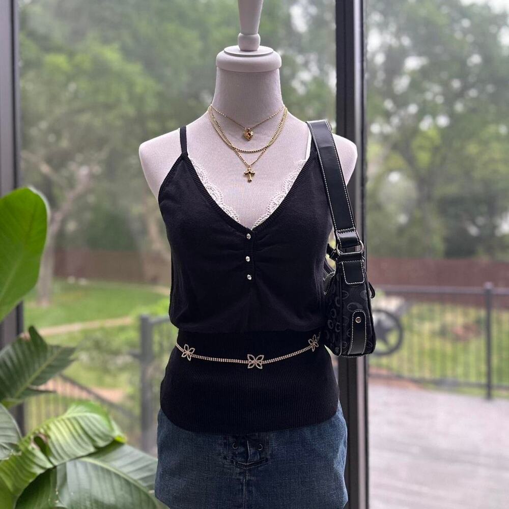 HAVE Black Cami Button Front Top Rhinestone Detail